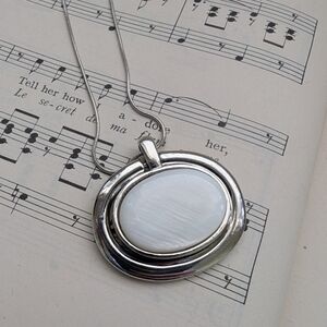 Silver Oval Pendant Necklace with White Inlay